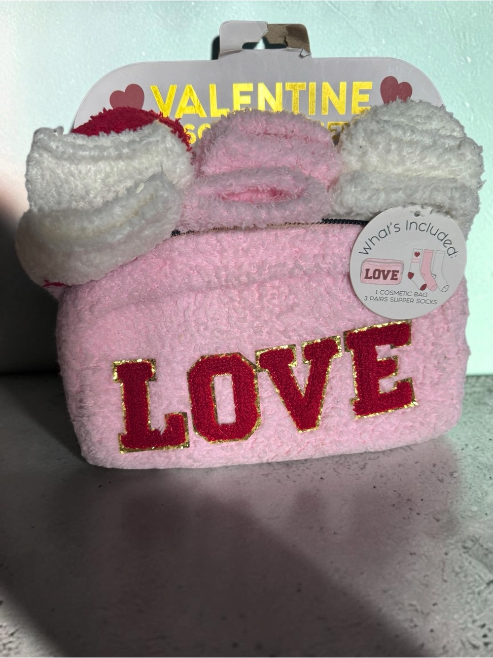 Valentine 'LOVE' Pink Cosmetic Bag with Fuzzy Slipper Socks